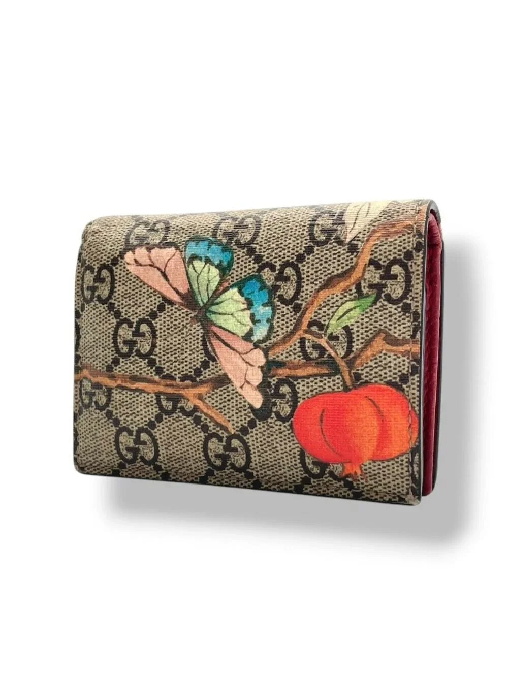 Gucci GG Supreme Tian Compact Wallet Mini Folding Leather Beige Multicolor Gold